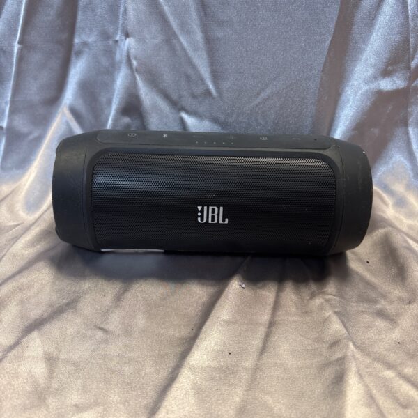 Black JBL Charge 2 portable Bluetooth speaker, side view.
