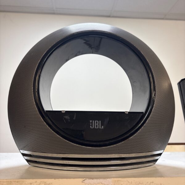 Black JBL Radial speaker dock for iPod, vintage audio system.