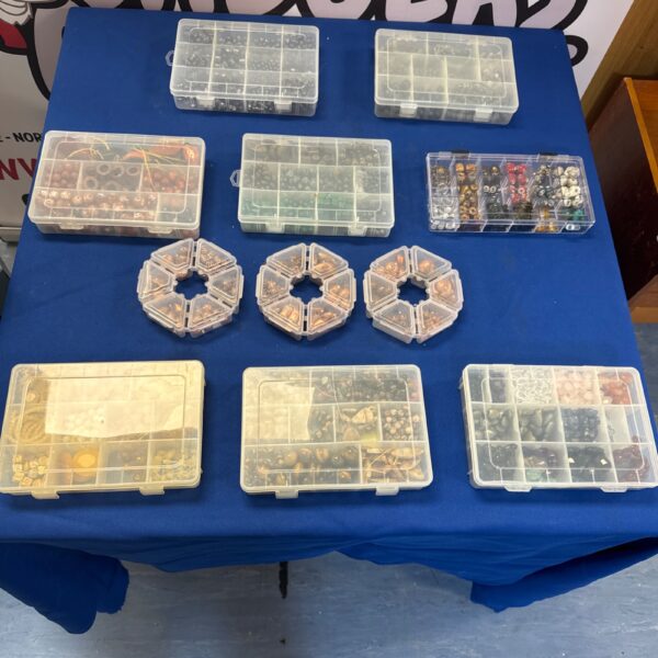 Organised lot of jewellery making supplies and semi precious stones.