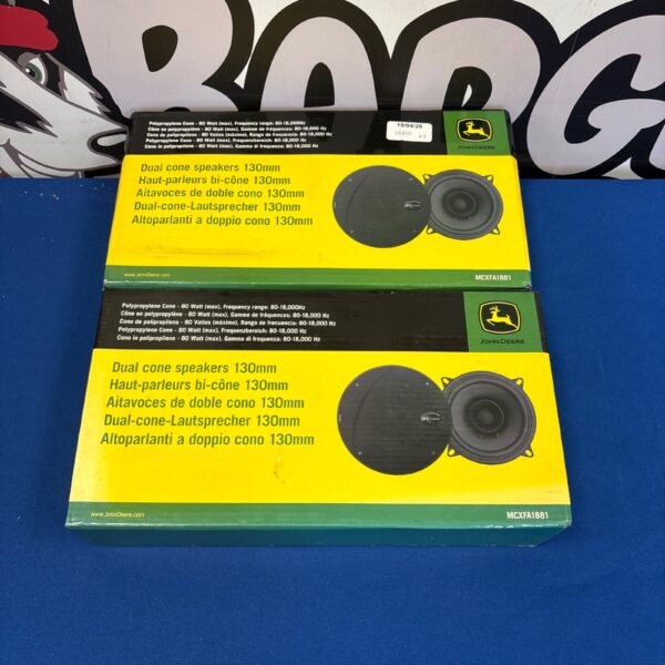 Vintage John Deere 130mm dual cone speakers for agricultural equipment.