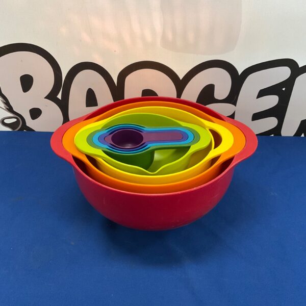 Colourful Joseph Joseph nesting bowl set for kitchen food preparation.