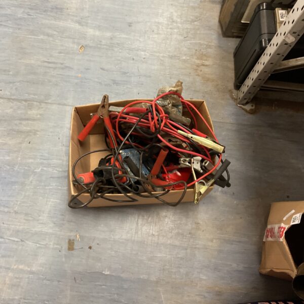 Mixed lot of used jump leads for car battery jump starting.