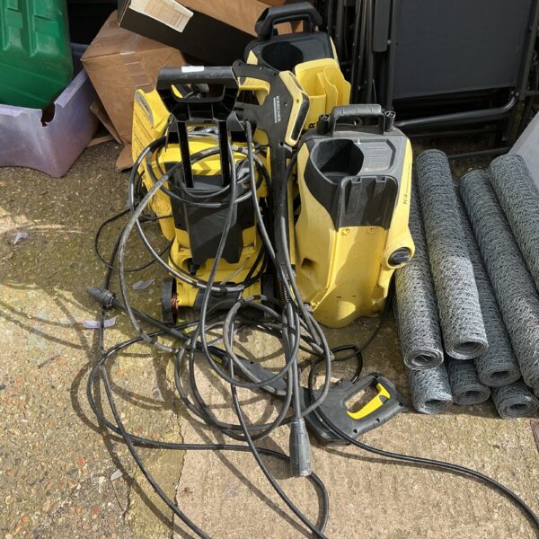 Lot of four Karcher power washers needing repair for garden cleaning.