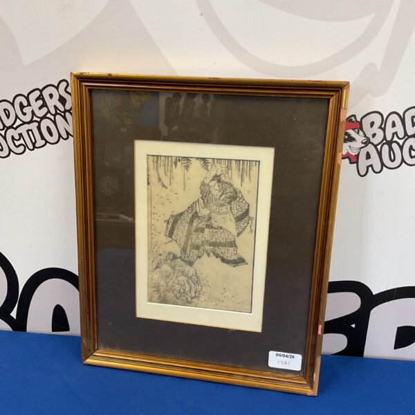 Vintage Japanese woodblock print by Hokusai depicting Shoki battling Oni.