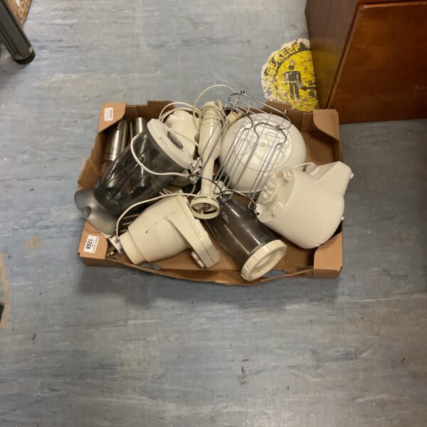 Mixed lot of vintage kitchen appliances including blenders and choppers.