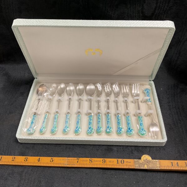 Boxed Korean silver enamel cocktail set with spoons and forks.