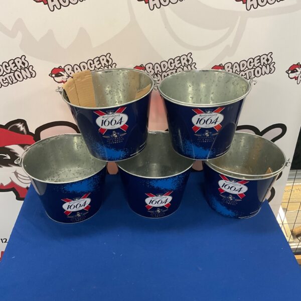 Lot of five vintage Kronenbourg 1664 metal beer buckets.