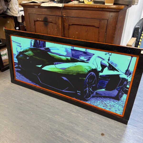 Signed Lamborghini Aventador art print by P Longley, colourful automotive wall decor.