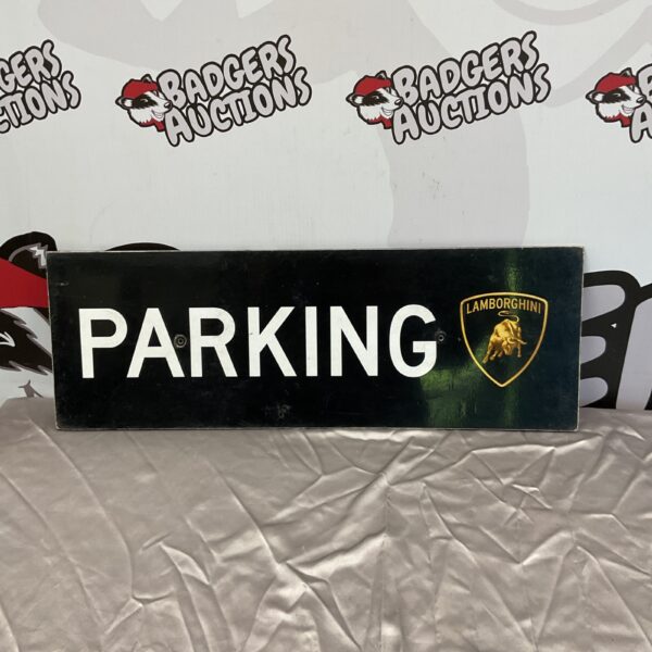 Metal Lamborghini parking sign for car enthusiasts and garages.