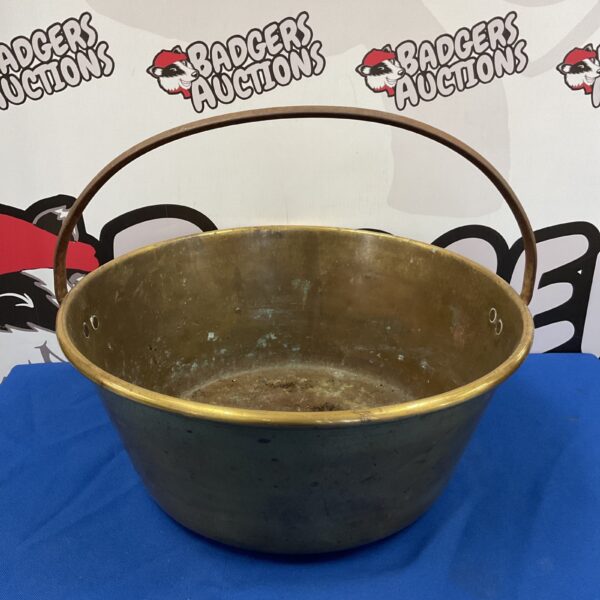 Large brass jam pan with wrought iron handle, vintage kitchenware.