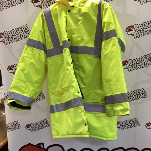 Bright yellow large hi-vis coat with reflective strips.