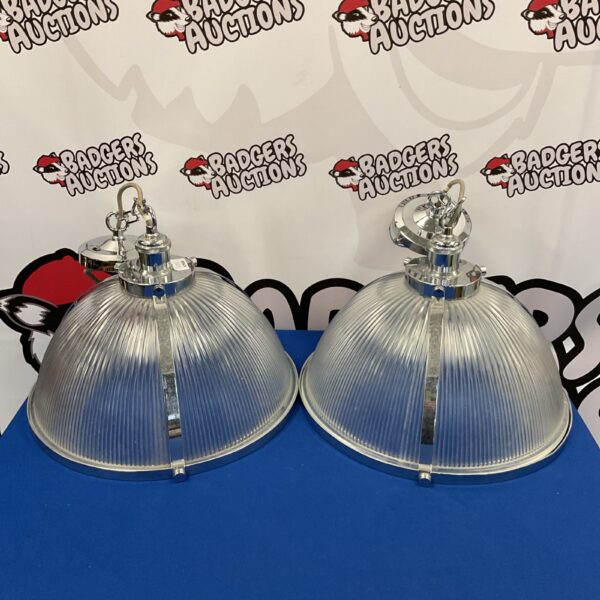 Pair of vintage Laura Ashley chrome pendant lights with glass shades.