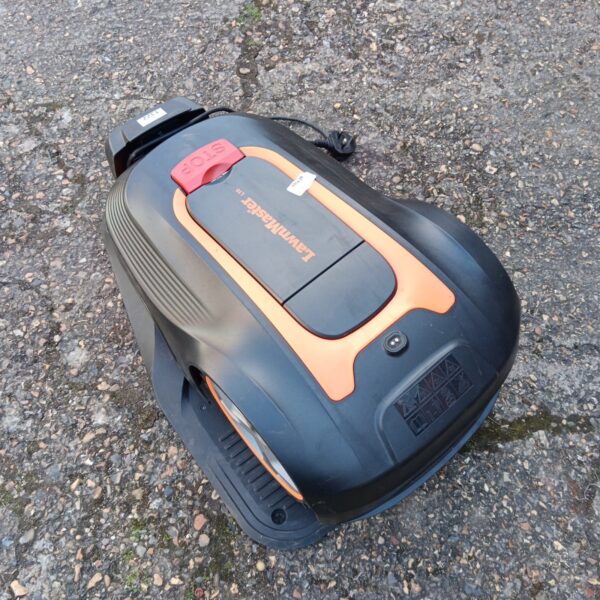 Lawnmaster robot lawn mower, top view, garden automation.