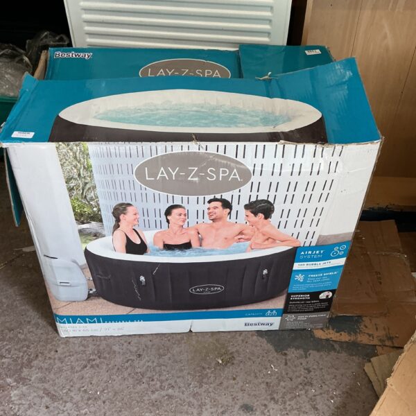 Lay Z Spa Miami box, inflatable hot tub packaging.