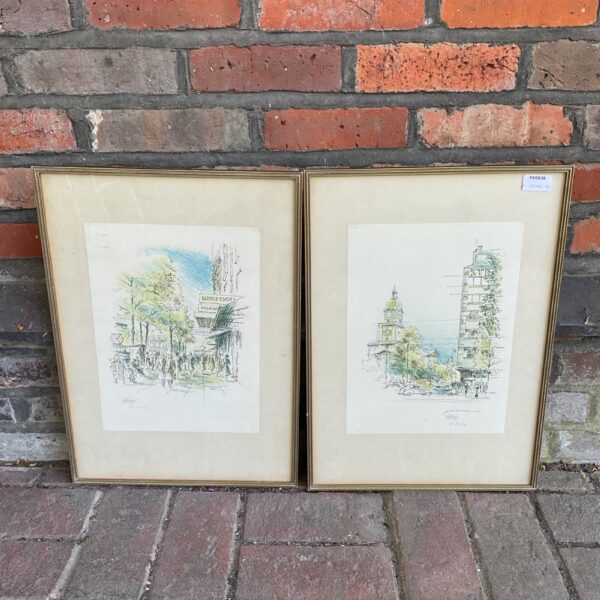 Limited edition cityscape print depicting a European city scene.