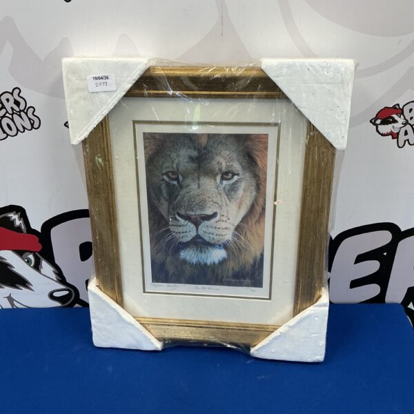 Vintage framed lion print for wildlife art and home decor.