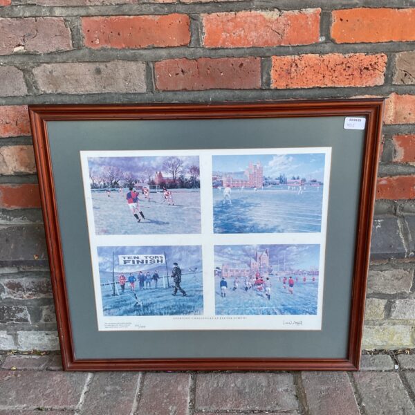 Framed Lionel Aggett print of Exeter School sporting challenge.