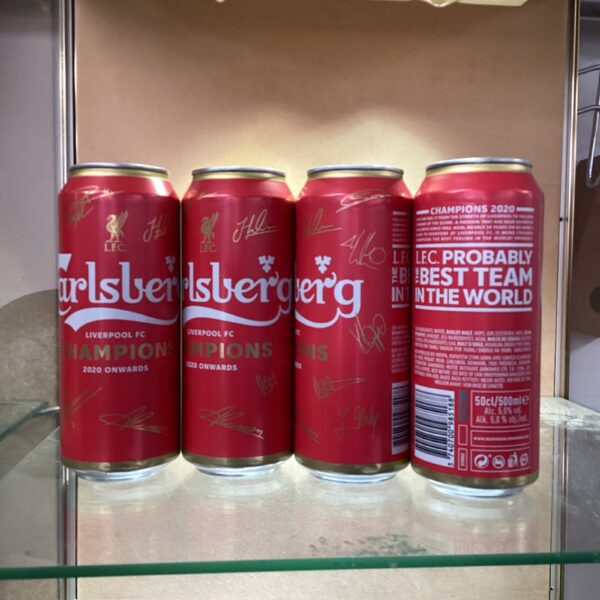 Set of four Liverpool FC Carlsberg champion beer cans.