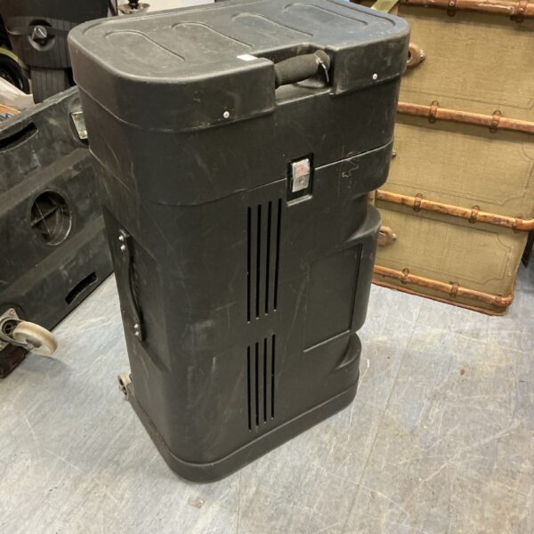 Large black lockable transportation case with a carry handle.