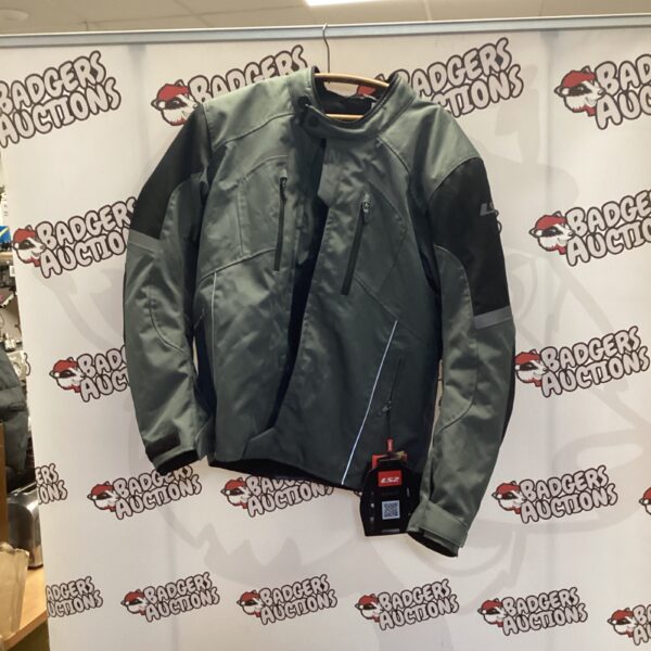 Dark grey LS2 motorcycle jacket with padding, front view.