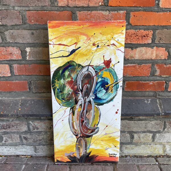Abstract acrylic painting of an elephant signed Lucky 2026.