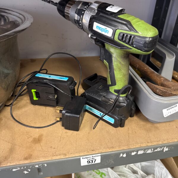 Used Maplin cordless drill with charger and spare battery for DIY projects.