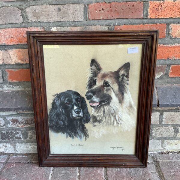 1977 Margaret Anderson pastel study of a spaniel and alsatian.