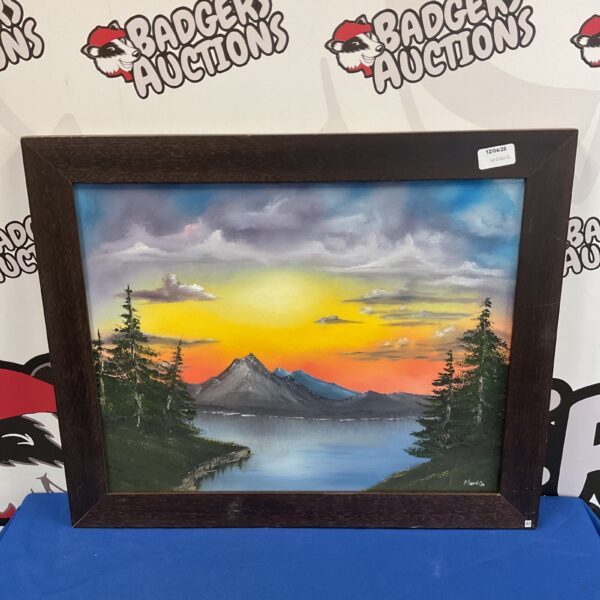 Signed Martin oil painting of a mountain landscape at dusk.