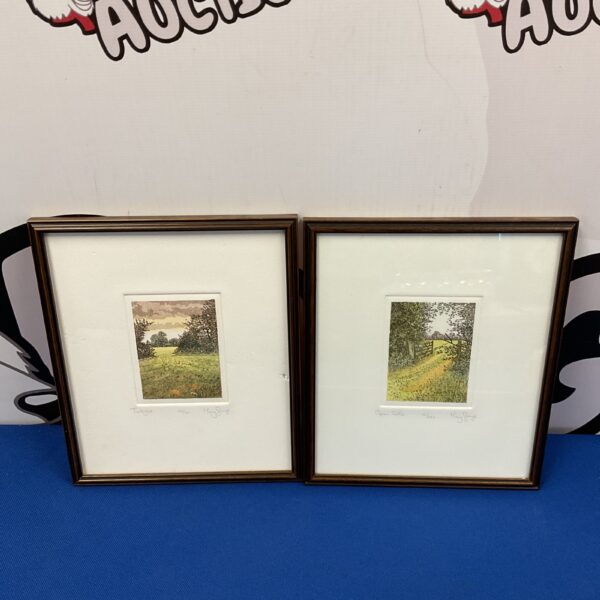 Pair of signed Mary George limited edition etchings of country scenes.