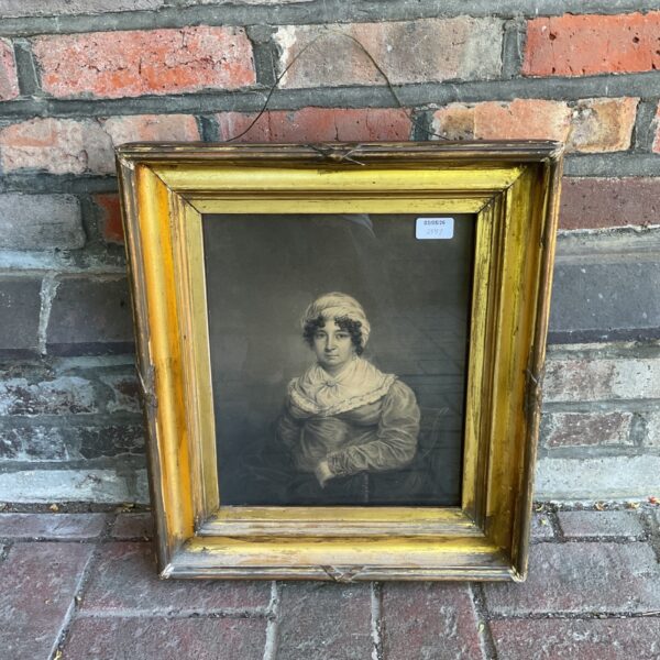Antique stipple engraving of Mary Pilkington in ornate gilt frame.