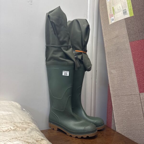 Green Masterline size 11 waders, front view.