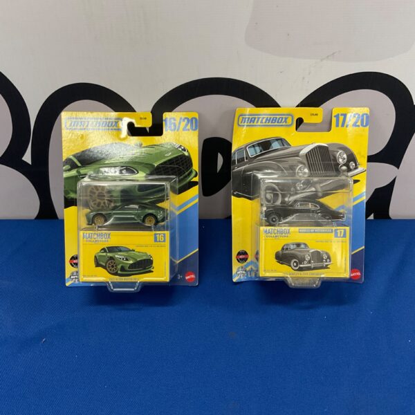 Matchbox diecast models: Aston Martin DB12 and Bentley R-Type Continental in box.