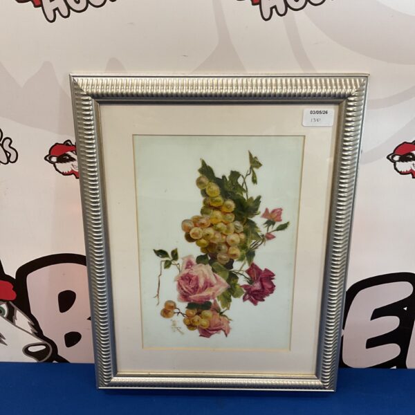 Vintage May Lovell still life oil painting of grapes and roses.