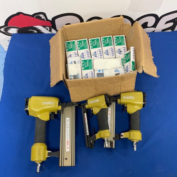 Lot of three Meite air staple guns for DIY and upholstery projects.