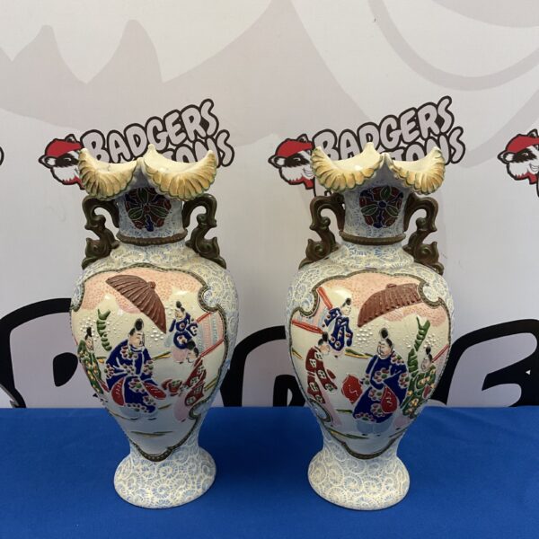 Pair of vintage mid-century Chinese hand painted porcelain vases.