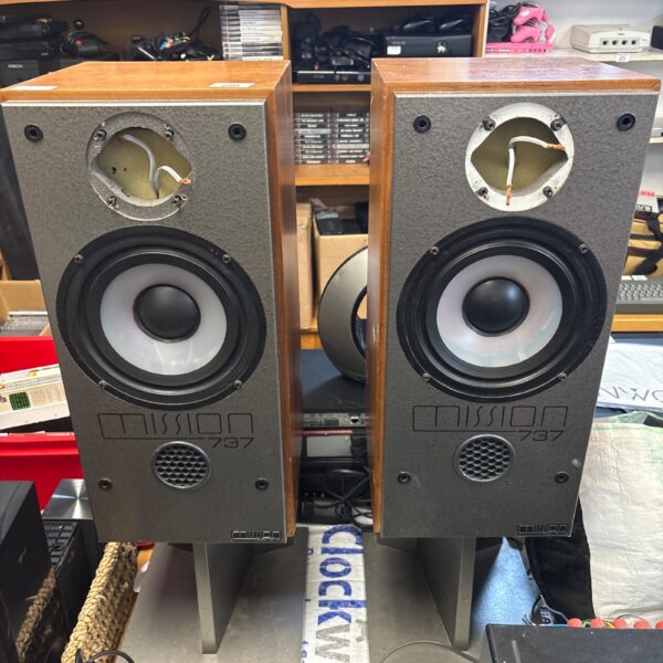 Vintage Mission 373 bookshelf speakers with stands for audiophiles.