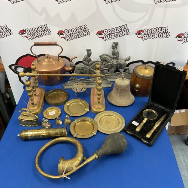 Mixed lot of vintage brass and copper items including Titanic bell.