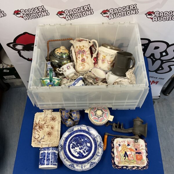 Mixed china lot with blue and white porcelain and metal ice bucket.