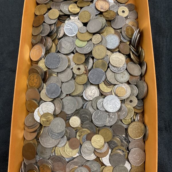 Tray of mixed coins, diverse world currency collection.