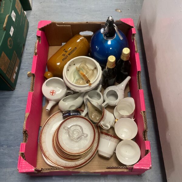 Mixed lot of vintage china and a DBC foot warmer.
