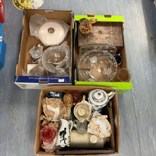 Mixed lot of vintage pottery and collectibles, including Poole pottery.