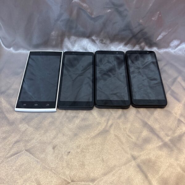 Four used mobile phones in a lot, including Alcatel and THL handsets.