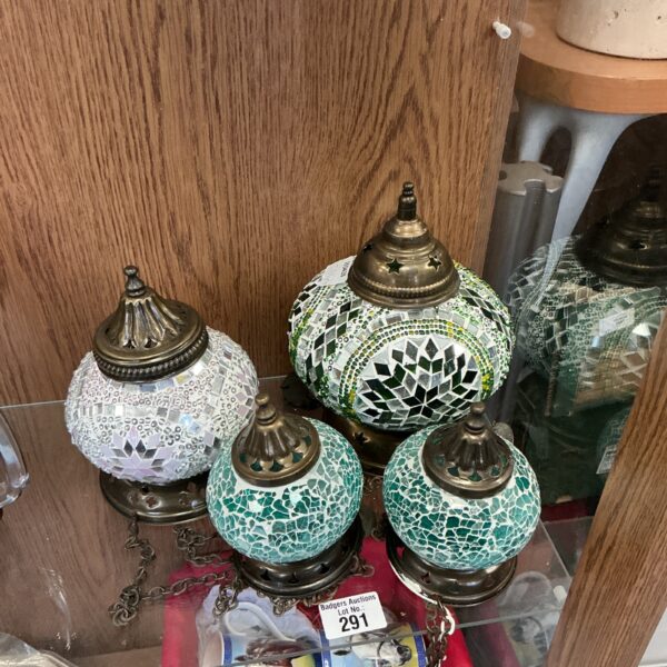 Set of three colourful mosaic lamp shades with crackle glass.