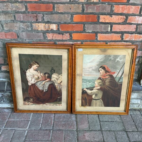 Vintage lithograph print of a mother and child, Victorian era.