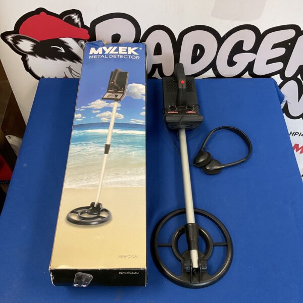 Mylek child's metal detector for treasure hunting outdoors.