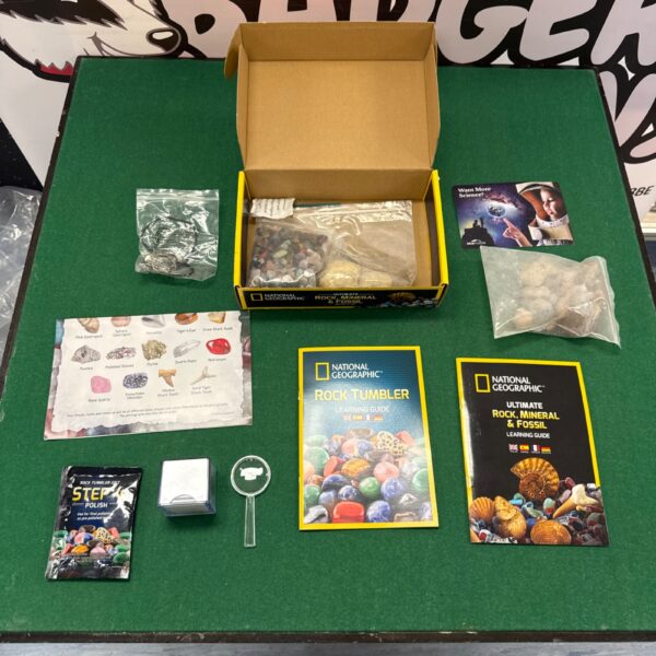 National Geographic rock kit with various specimens and tools inside.