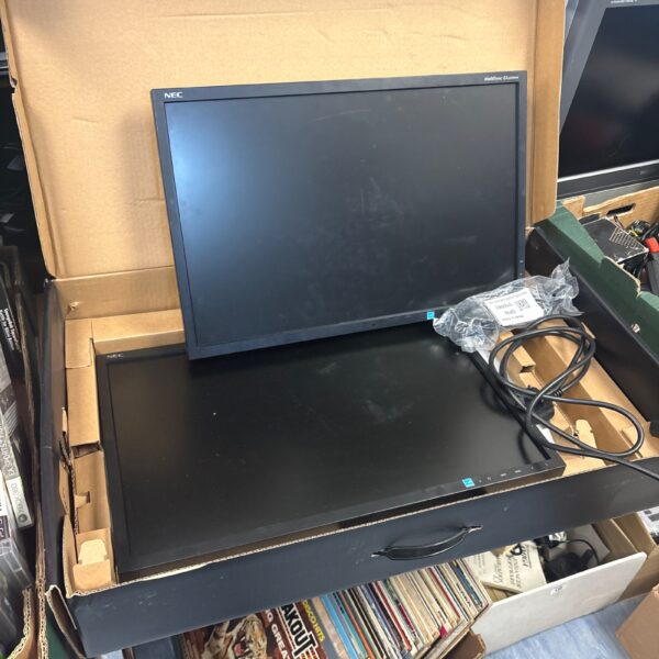 Black NEC Multisync computer monitor, desktop display.