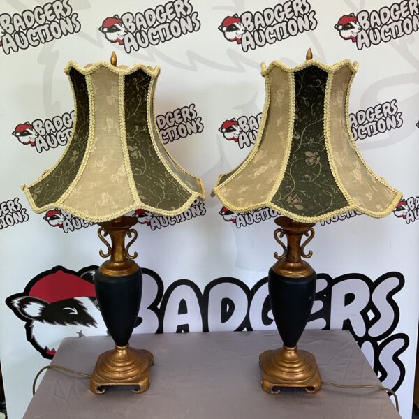 Pair of vintage Nettlebed brass urn table lamps with patterned shades.