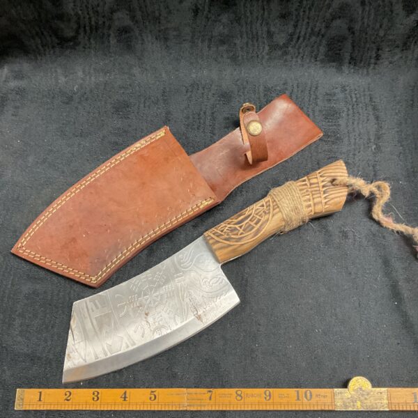 Norse butcher cleaver knife with leather sheath, detailed Viking style blade.
