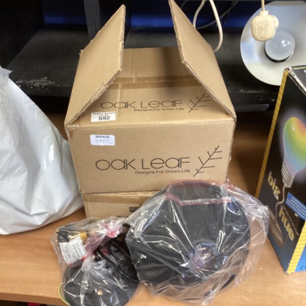 Box of two new oak leaf ceiling lights for home lighting.